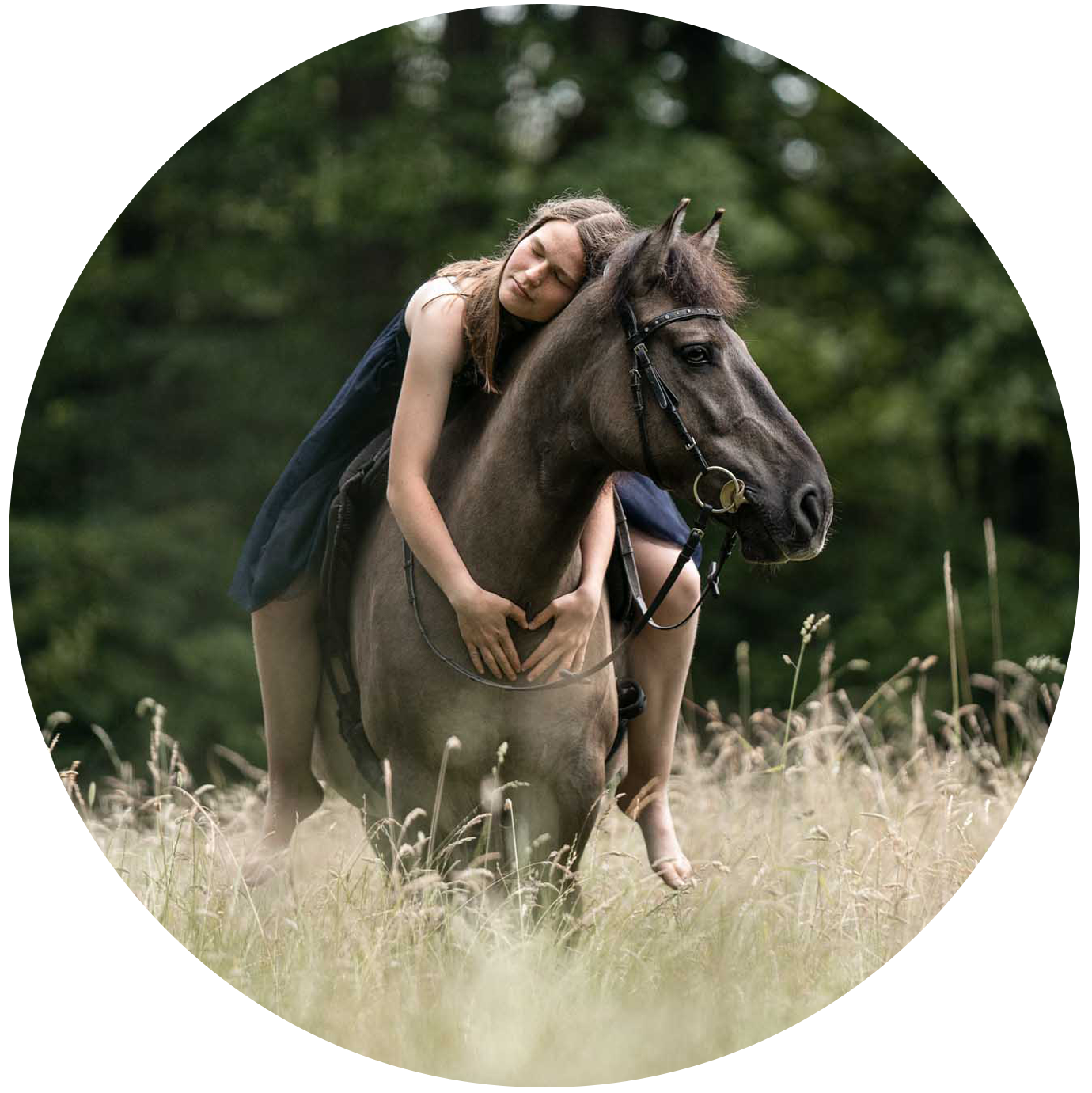 Mädchen liegt auf Pferd und umarmt den Hals
